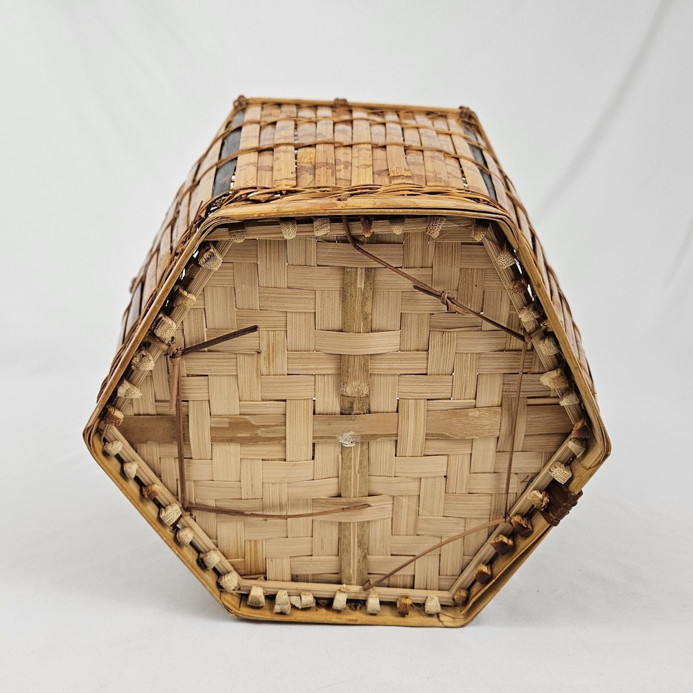 Vintage Tortoiseshell Bamboo Basket Planter Wastepaper Trash Can Boho MCM Rattan - Picture 10 of 10